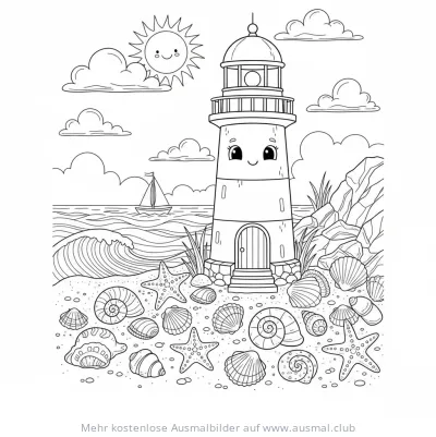Freundlicher Leuchtturm mit Gesicht auf einer Küstenlandschaft Ausmalbild