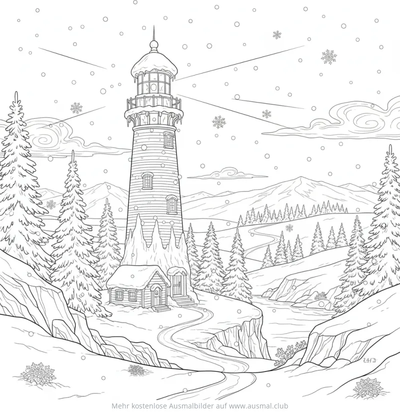 Winter Leuchtturm mit Schnee und kleinem Haus Ausmalbild