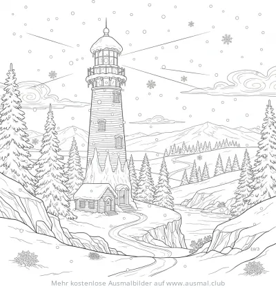 Winter Leuchtturm mit Schnee und kleinem Haus Ausmalbild