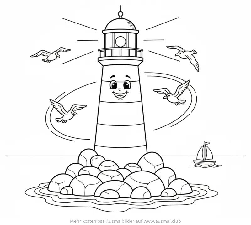 Freundlicher Leuchtturm auf Insel mit Möwen Ausmalbild