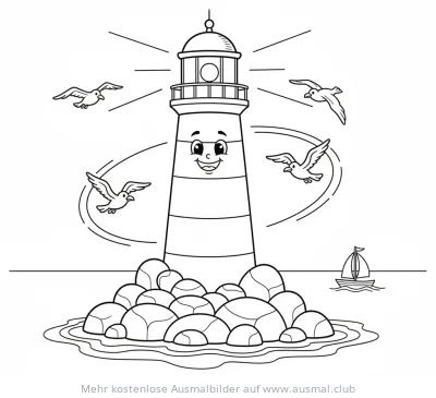 Freundlicher Leuchtturm auf Insel mit Möwen Ausmalbild
