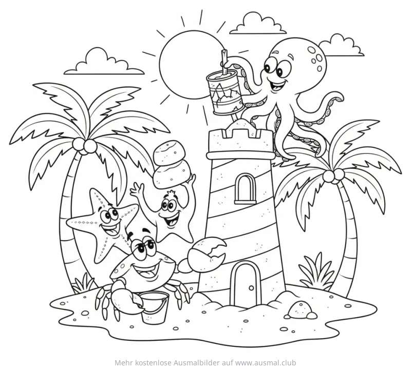 Leuchtturm Ausmalbild mit Oktopus, Krebs und Seesternen am Strand