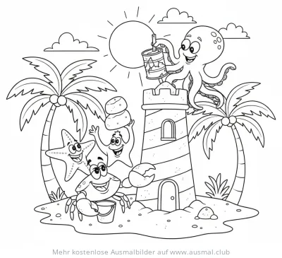 Leuchtturm Ausmalbild mit Oktopus, Krebs und Seesternen am Strand