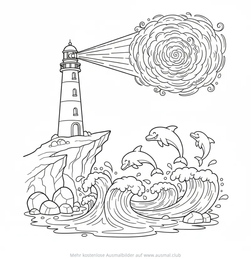 Leuchtturm auf Klippe mit Delfinen Ausmalbild