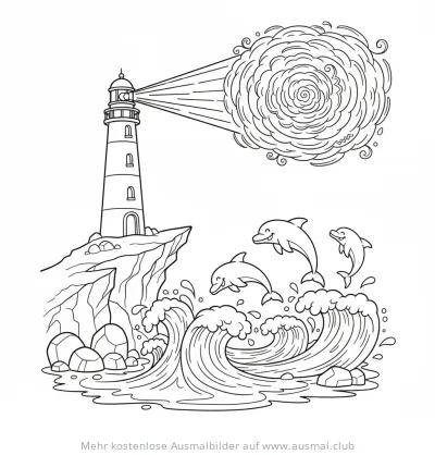 Leuchtturm auf Klippe mit Delfinen Ausmalbild