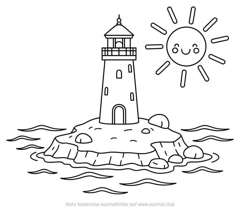 Leuchtturm auf Felseninsel mit Sonne Ausmalbild