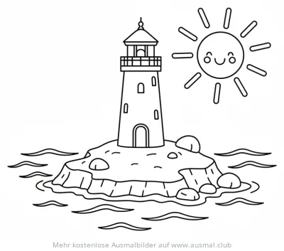 Leuchtturm auf Felseninsel mit Sonne Ausmalbild