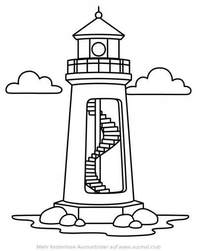 Leuchtturm Ausmalbild mit Innentreppe und Wolken