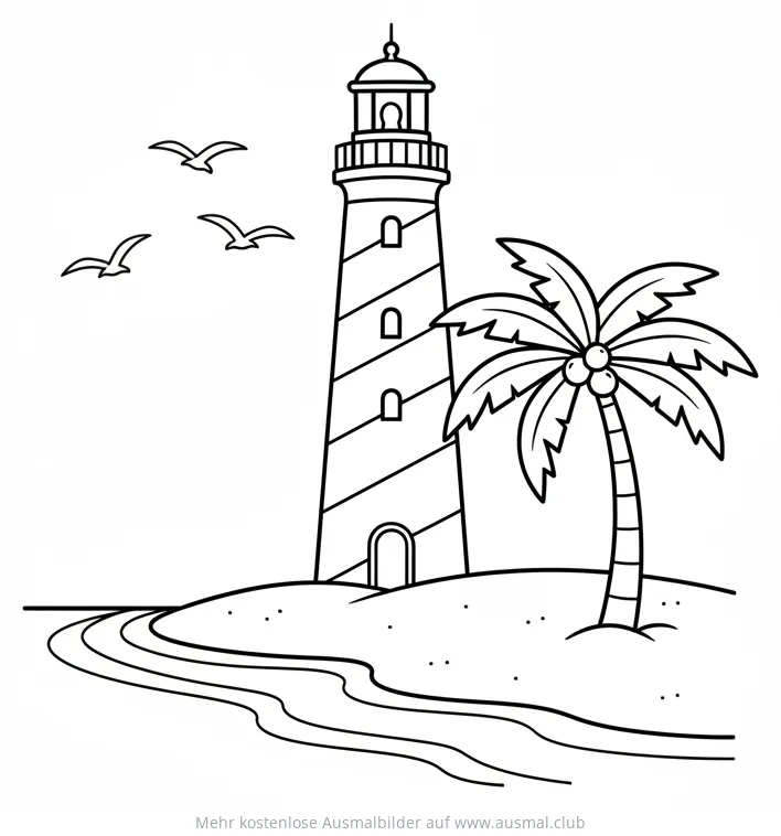 Leuchtturm mit Palme und Möwen am Strand Ausmalbild