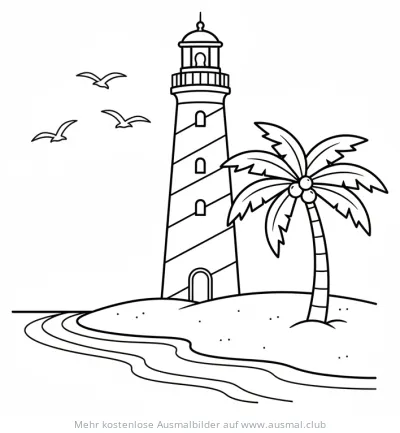 Leuchtturm mit Palme und Möwen am Strand Ausmalbild