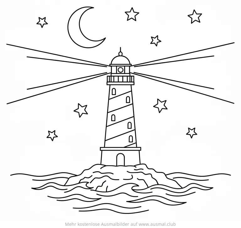 Leuchtturm Ausmalbild bei Nacht mit Mond und Sternen