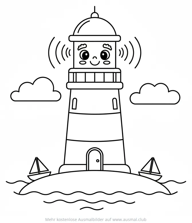 Freundlicher Leuchtturm mit Segelbooten Ausmalbild