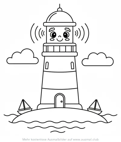 Freundlicher Leuchtturm mit Segelbooten Ausmalbild