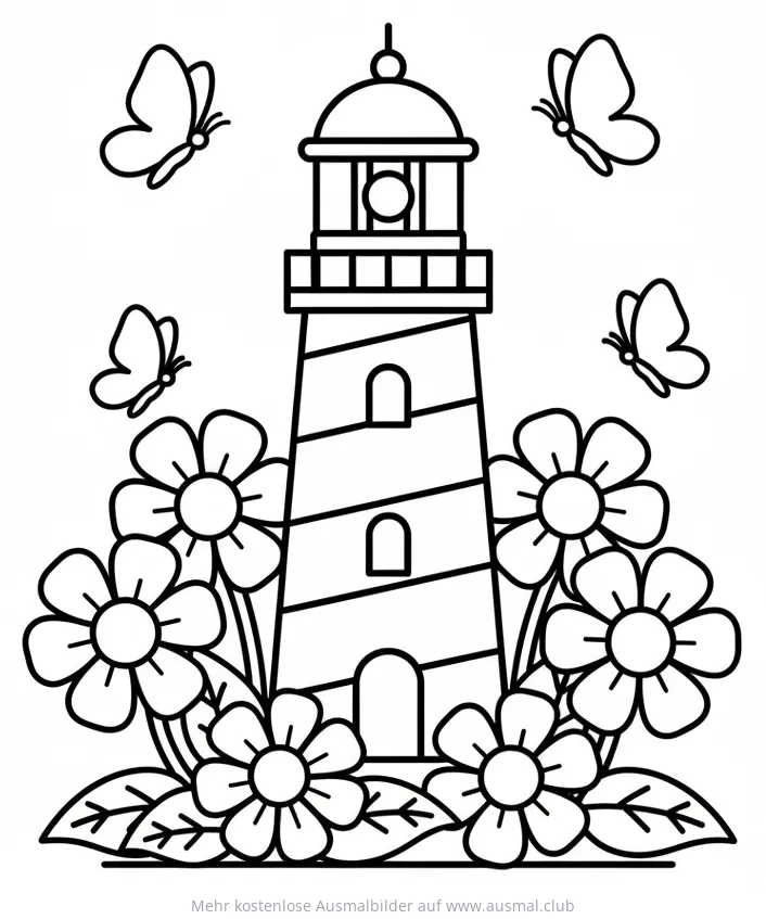 Leuchtturm mit Blumen und Schmetterlingen Ausmalbild