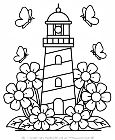 Leuchtturm mit Blumen und Schmetterlingen Ausmalbild