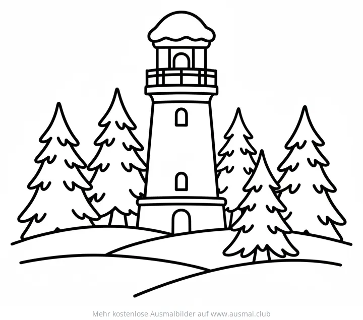 Leuchtturm im Winter mit Tannenbäumen Ausmalbild