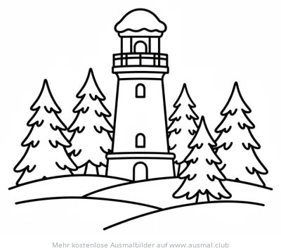 Leuchtturm im Winter mit Tannenbäumen Ausmalbild