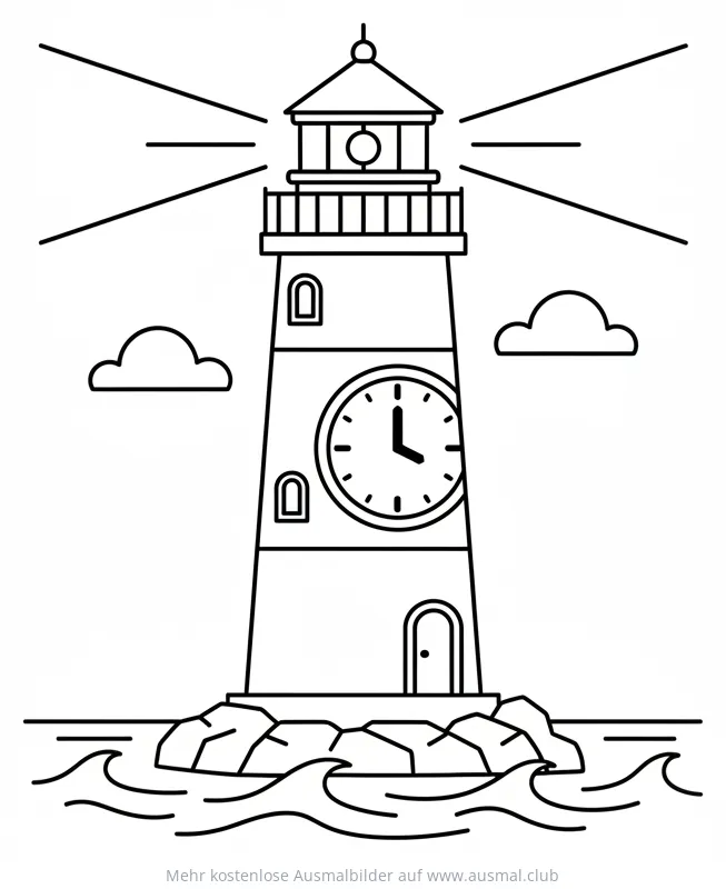 Leuchtturm mit Uhr Ausmalbild auf Felsen im Meer