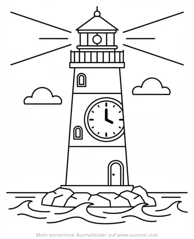 Leuchtturm mit Uhr Ausmalbild auf Felsen im Meer