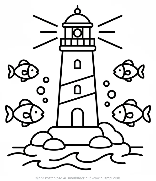 Leuchtturm Ausmalbild mit Fischen und Blasen
