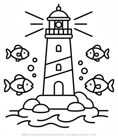 Leuchtturm Ausmalbild mit Fischen und Blasen