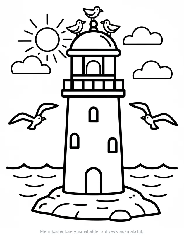 Leuchtturm Ausmalbild mit Möwen und Meer