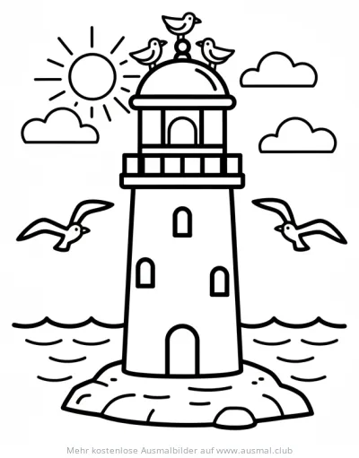 Leuchtturm Ausmalbild mit Möwen und Meer