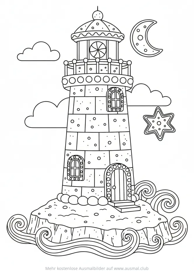 Leuchtturm Ausmalbild im Lebkuchenhaus-Stil mit Mond und Stern