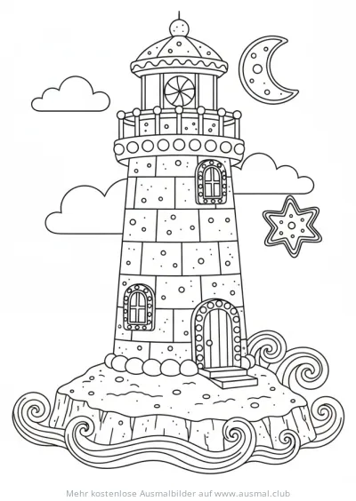 Leuchtturm Ausmalbild im Lebkuchenhaus-Stil mit Mond und Stern
