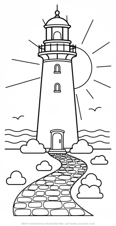 Leuchtturm mit Weg, Sonne und Möwen Ausmalbild