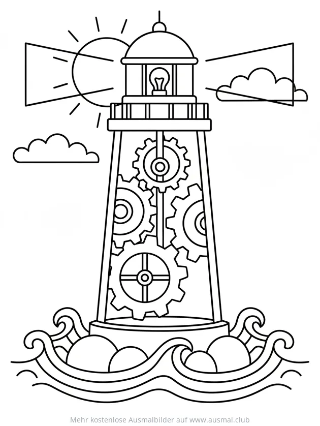Leuchtturm mit Zahnrad-Mechanismus Ausmalbild