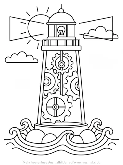 Leuchtturm mit Zahnrad-Mechanismus Ausmalbild