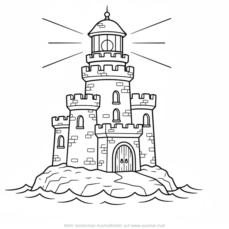 Leuchtturm als Burg Ausmalbild auf einer Insel