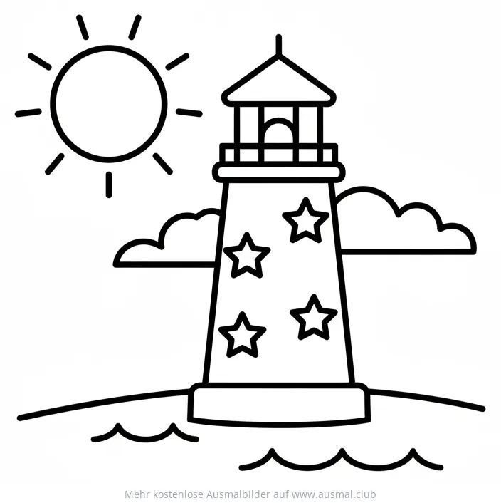 Leuchtturm Ausmalbild mit Sternen und Sonne
