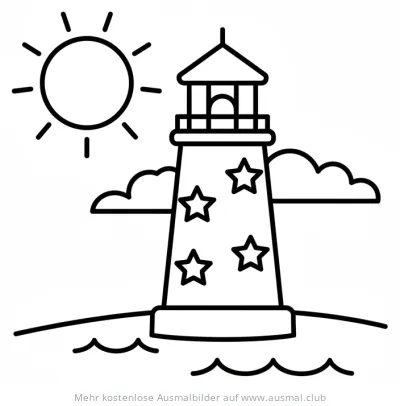 Leuchtturm Ausmalbild mit Sternen und Sonne