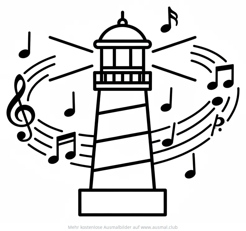 Leuchtturm umgeben von Notenlinien und Musiknoten Ausmalbild
