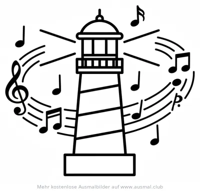 Leuchtturm umgeben von Notenlinien und Musiknoten Ausmalbild