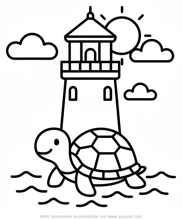 Leuchtturm mit Schildkröte im Meer Ausmalbild