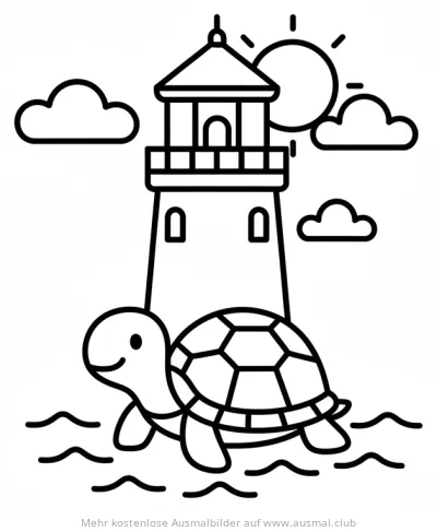 Leuchtturm mit Schildkröte im Meer Ausmalbild