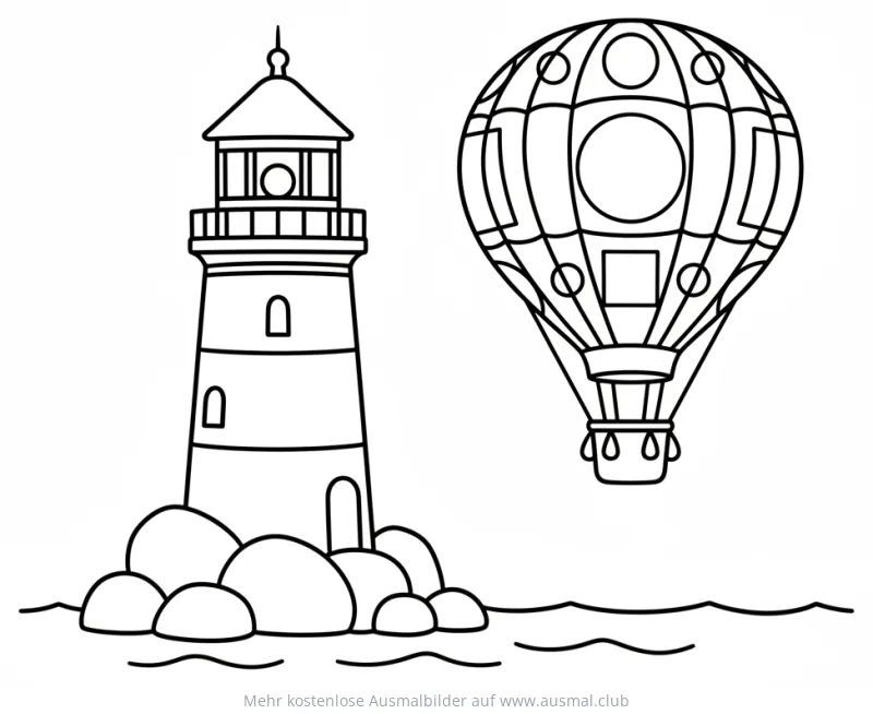 Leuchtturm und Heißluftballon Ausmalbild am Meer