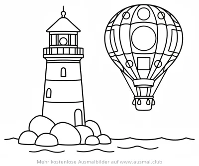 Leuchtturm und Heißluftballon Ausmalbild am Meer