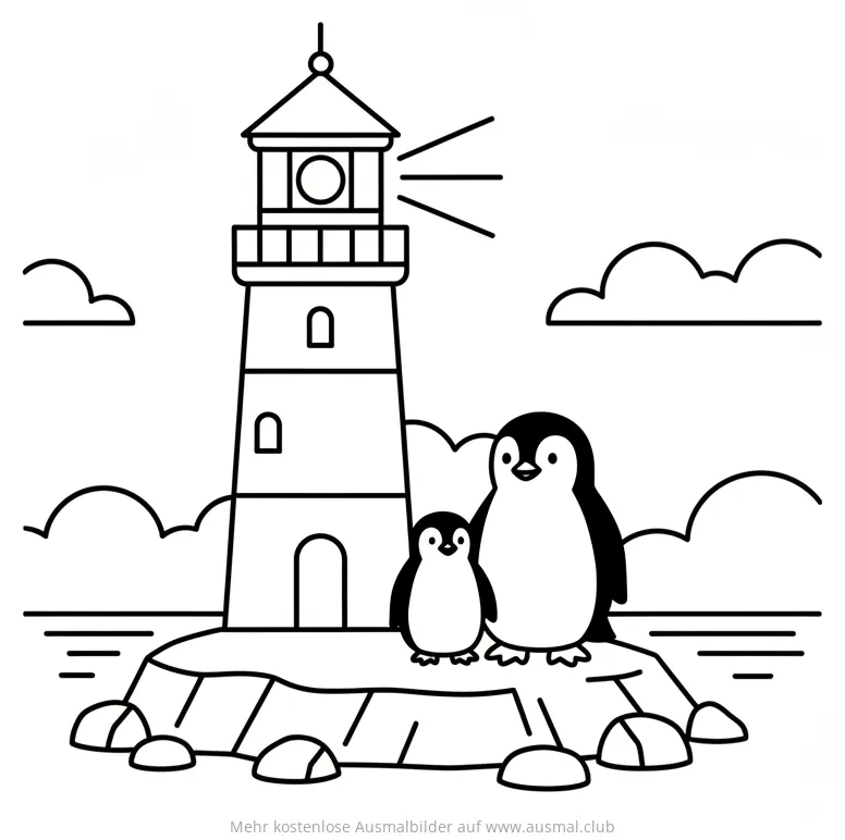Leuchtturm mit Pinguin Familie Ausmalbild