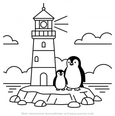 Leuchtturm mit Pinguin Familie Ausmalbild