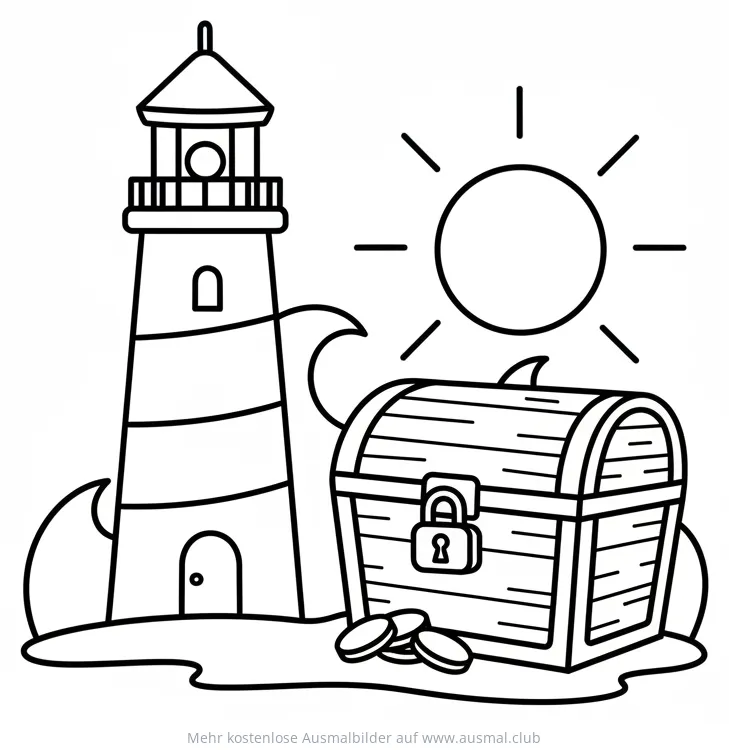 Leuchtturm und Schatztruhe Ausmalbild