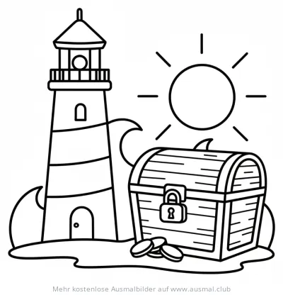 Leuchtturm und Schatztruhe Ausmalbild