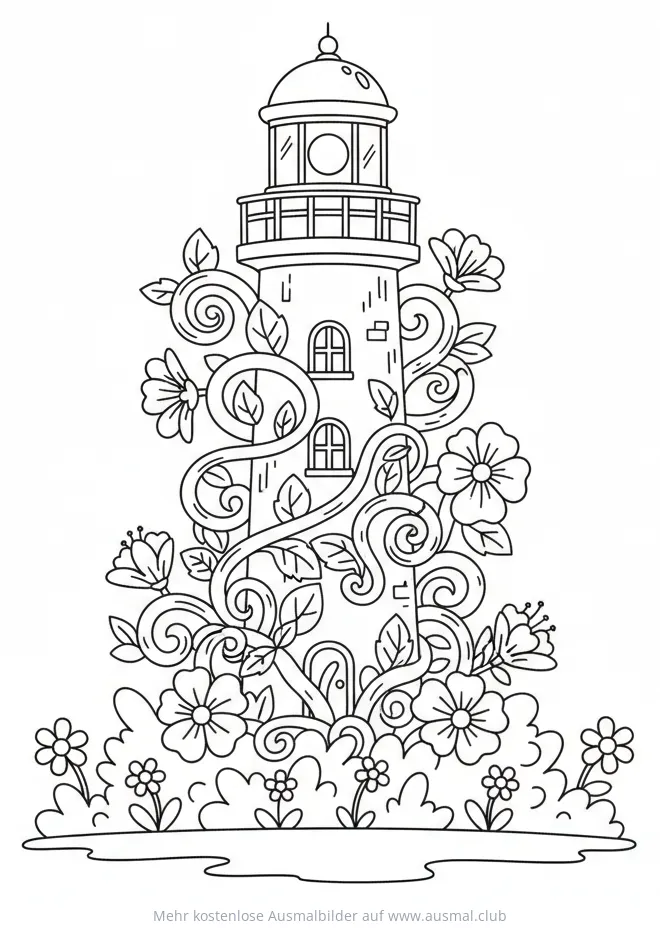 Leuchtturm Ausmalbild mit Blumen im Garten