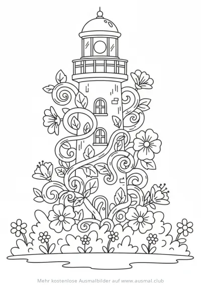 Leuchtturm Ausmalbild mit Blumen im Garten