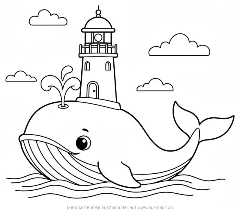 Wal mit Leuchtturm auf dem Rücken Ausmalbild