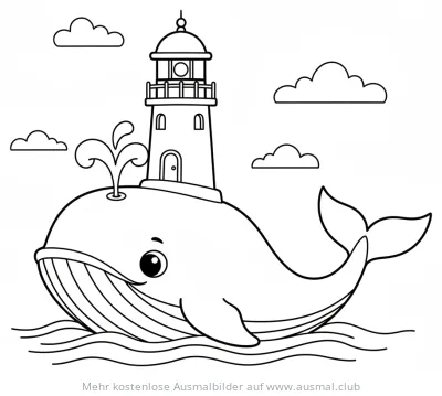 Wal mit Leuchtturm auf dem Rücken Ausmalbild