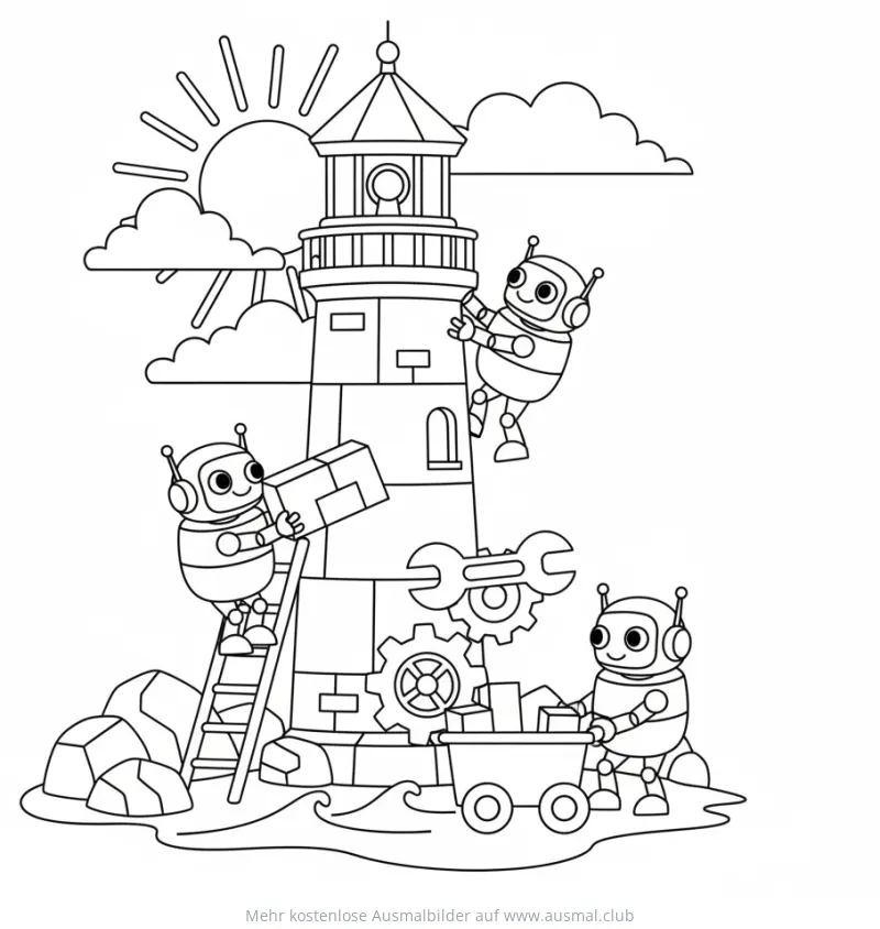 Leuchtturm Ausmalbild mit fleißigen Roboter-Helfern